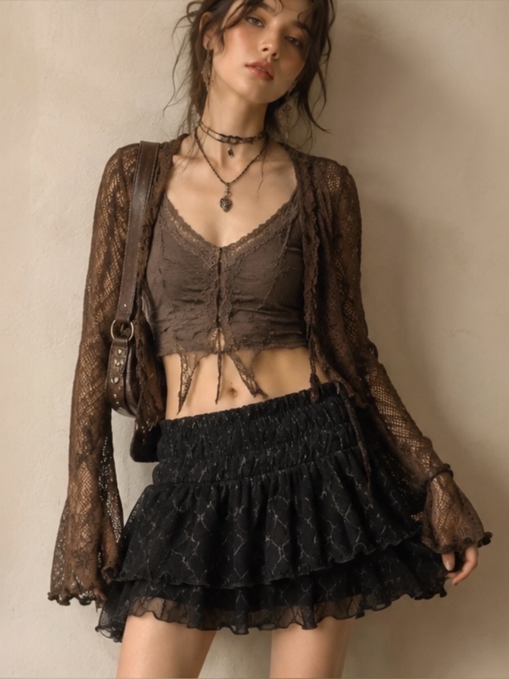 21 Saints Black Tiered Ruffle Elastic Waist Diamond Pattern on Mesh Mini Skirt S
